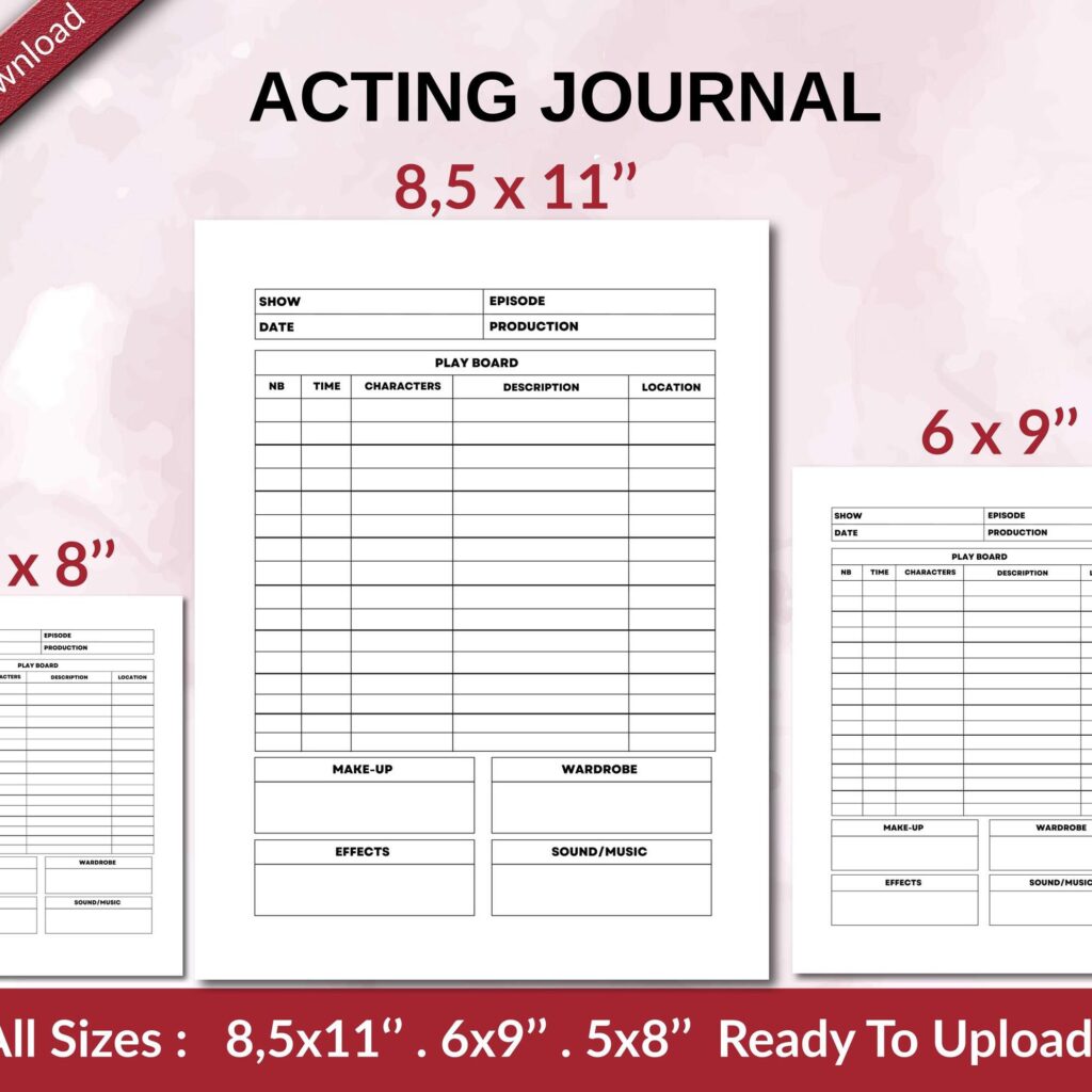 ACTING JOURNAL 120 pages Ready to Upload PDF used as Low Content Planner tracker or Log Book KDP, Size 6×9 8.5×11 5×8 Commercial Use