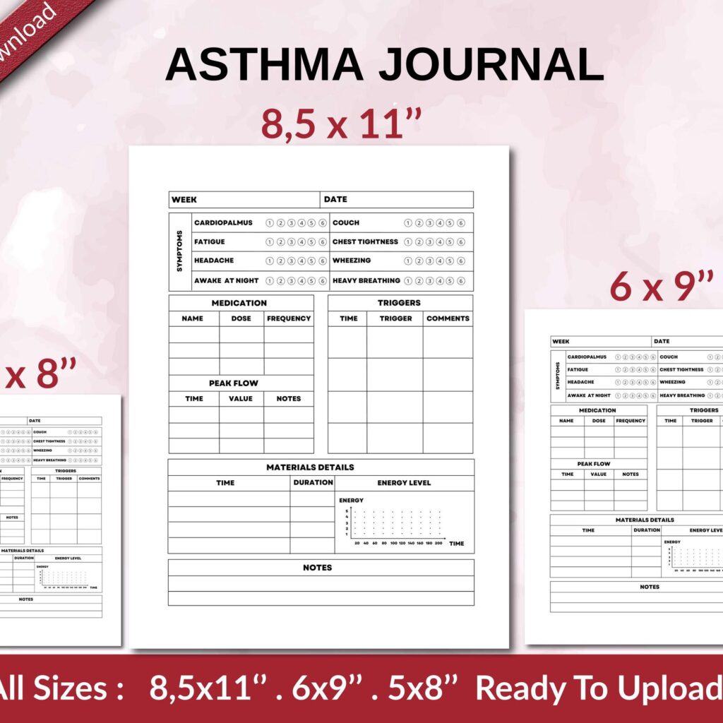 ASTHMA JOURNAL 120 pages Ready to Upload PDF used as Low Content Planner tracker or Log Book KDP, Size 6×9 8.5×11 5×8 Commercial Use