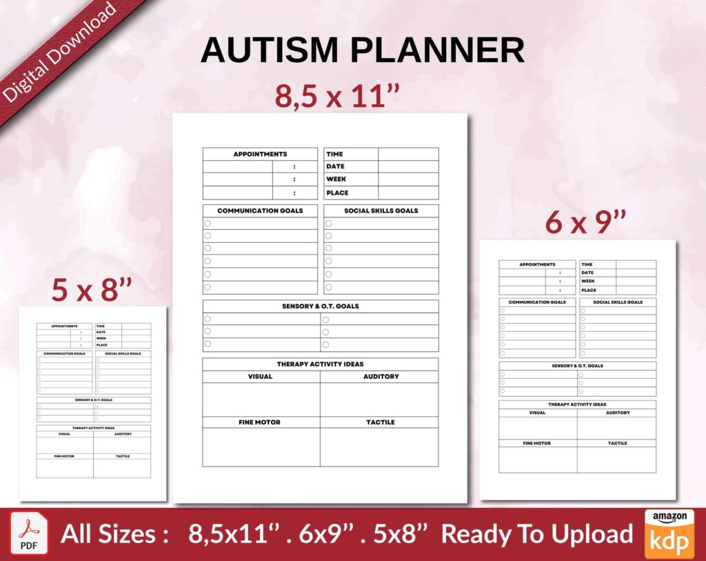 AUTISM PLANNER 120 pages Ready to Upload PDF used as Low Content Planner tracker or Log Book KDP, Size 6×9 8.5×11 5×8 Commercial Use
