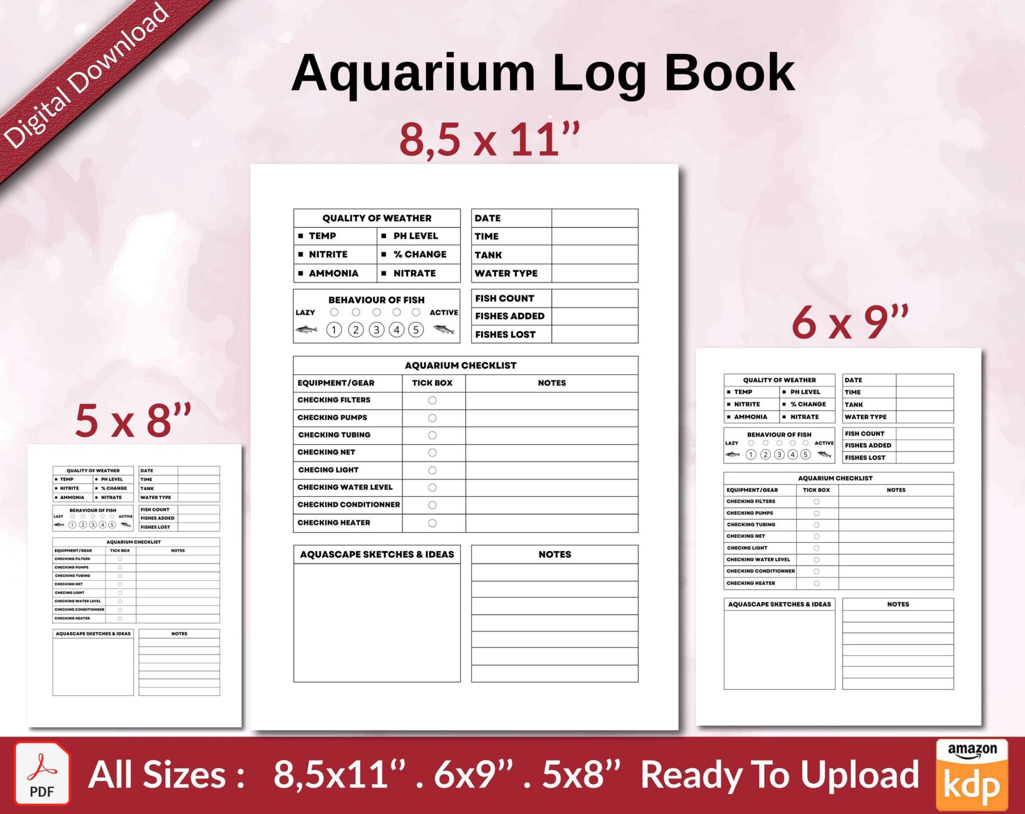 Aquarium Log Book 120 Pages PDF for Tracking 3 sizes available