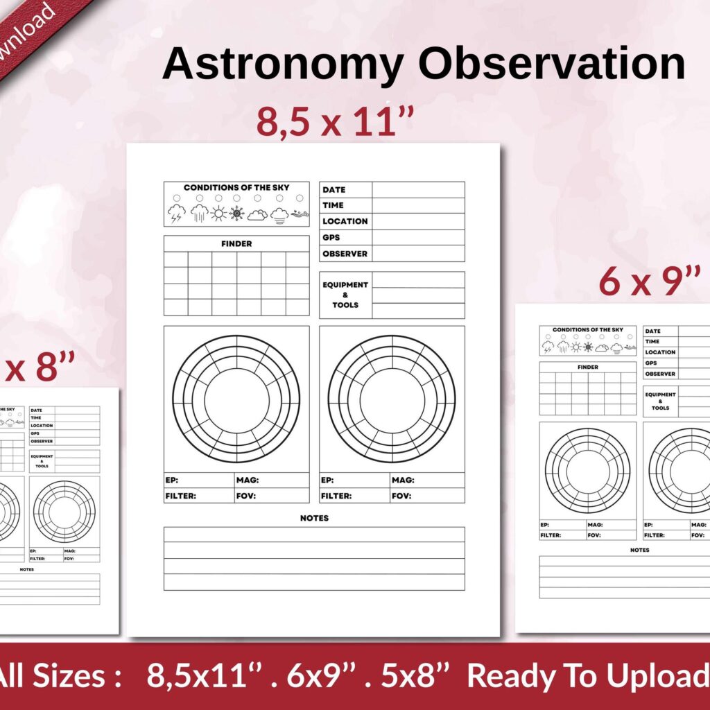 Astronomy Observation 120 pages Ready to Upload PDF used as Low Content Planner tracker or Log Book KDP, Size 6×9 8.5×11 5×8 Commercial Use