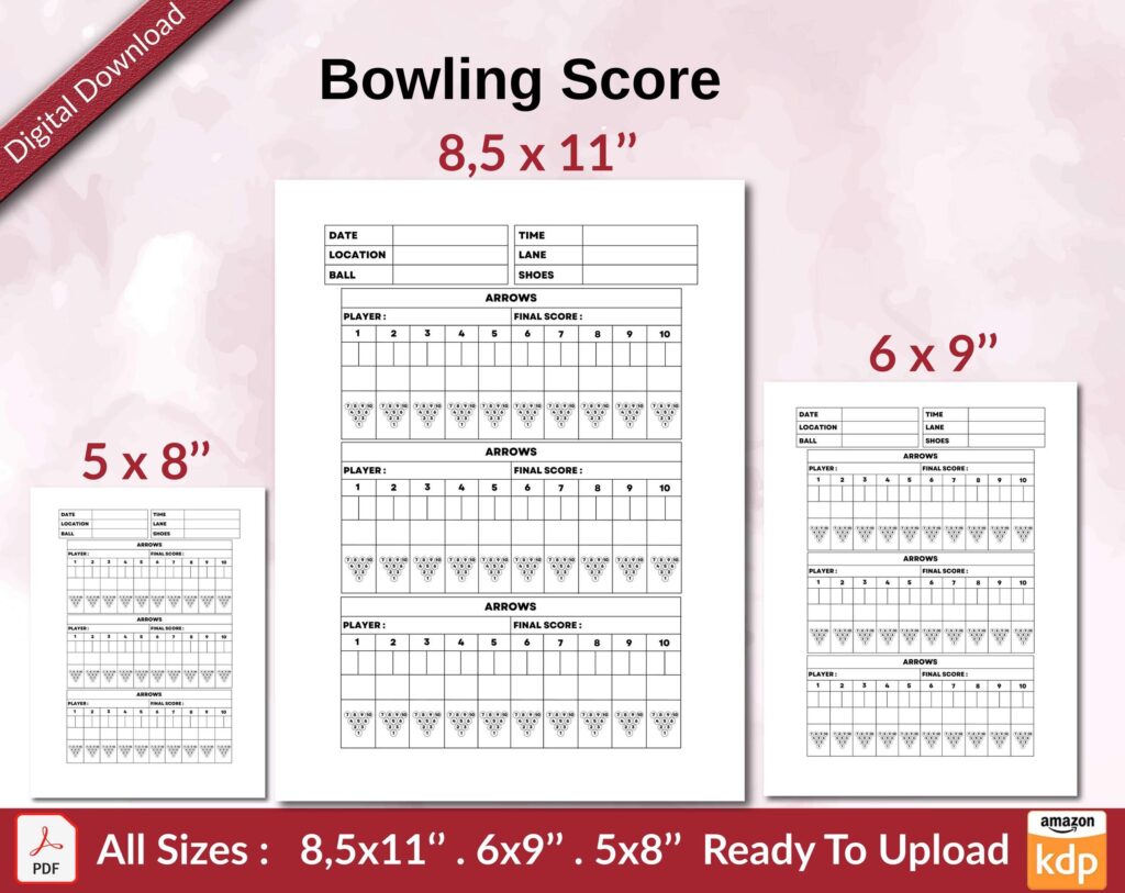 Bowling Score 120 pages Ready to Upload PDF used as Low Content Planner tracker or Log Book KDP, Size 6×9 8.5×11 5×8 Commercial Use