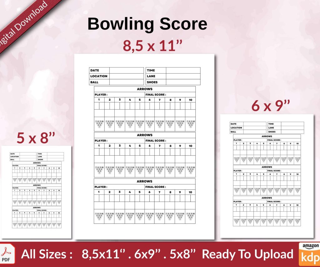 Bowling Score 120 pages Ready to Upload PDF used as Low Content Planner tracker or Log Book KDP, Size 6×9 8.5×11 5×8 Commercial Use