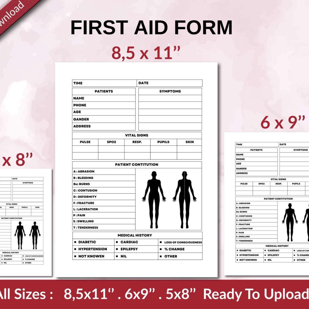 FIRST AID FORM 120 pages Ready to Upload PDF used as Low Content Planner tracker or Log Book KDP, Size 6×9 8.5×11 5×8 Commercial Use