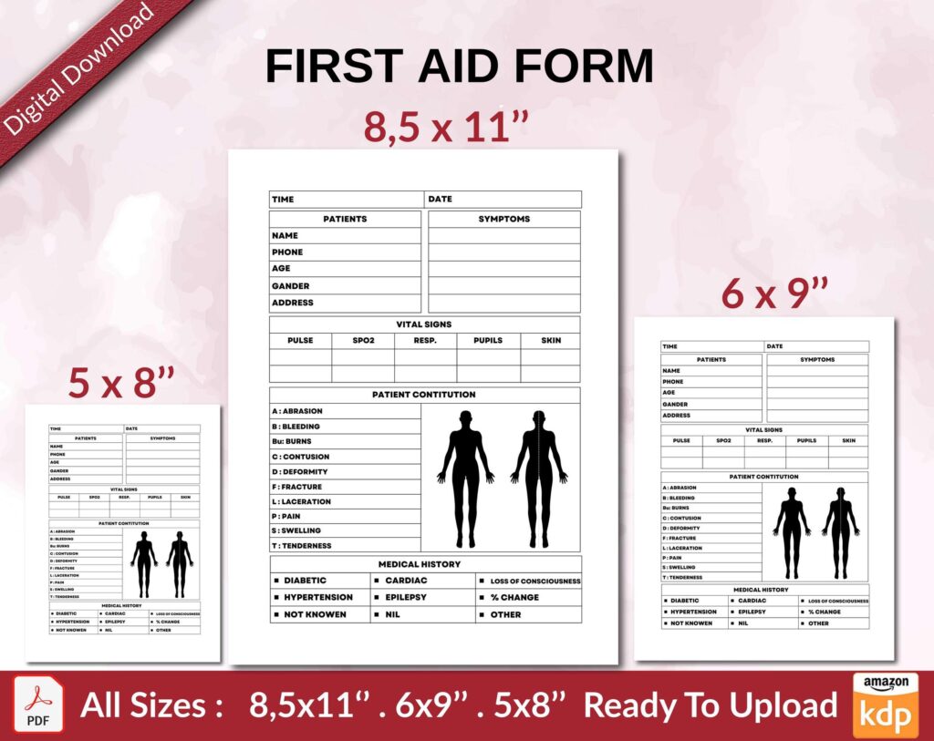 FIRST AID FORM 120 pages Ready to Upload PDF used as Low Content Planner tracker or Log Book KDP, Size 6×9 8.5×11 5×8 Commercial Use