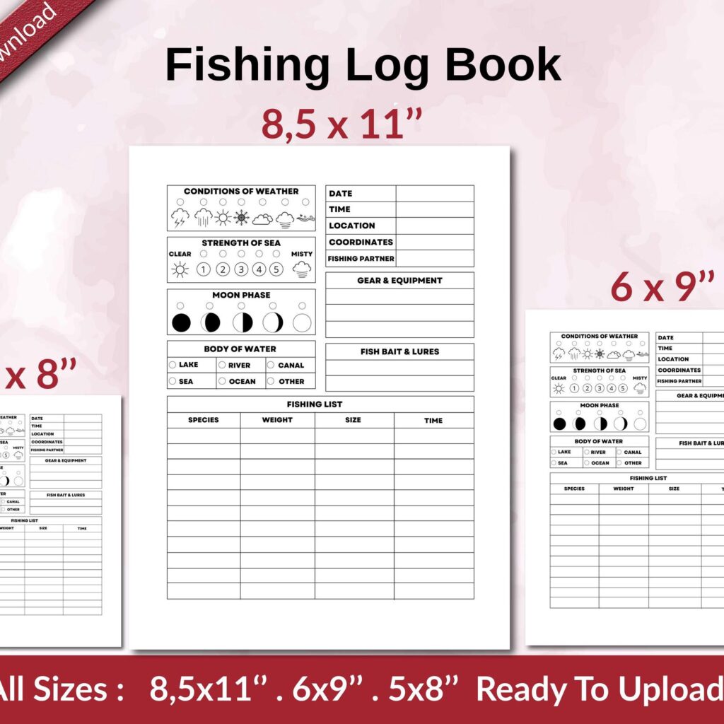 Fishing Log Book 120 pages Ready to Upload PDF used as Low Content Planner tracker or Log Book KDP, Size 6×9 8.5×11 5×8 Commercial Use