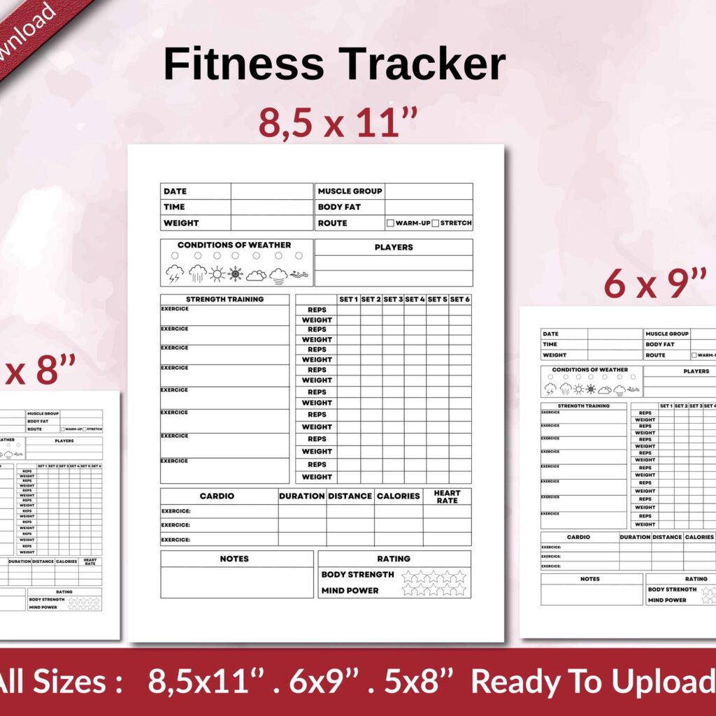 Fitness Tracker 120 pages Ready to Upload PDF used as Low Content Planner tracker or Log Book KDP, Size 6×9 8.5×11 5×8 Commercial Use
