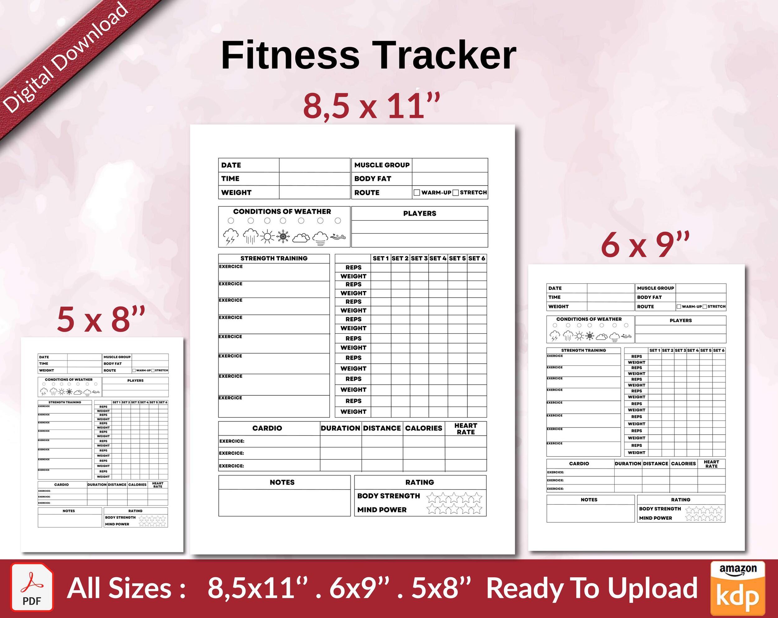 Fitness Tracker 120 pages Ready to Upload PDF used as Low Content Planner tracker or Log Book KDP, Size 6×9 8.5×11 5×8 Commercial Use Fitness Tracker 120 pages Ready to Upload PDF used as Low Content Planner tracker or Log Book KDP, Size 6×9 8.5×11 5×8 Commercial Use