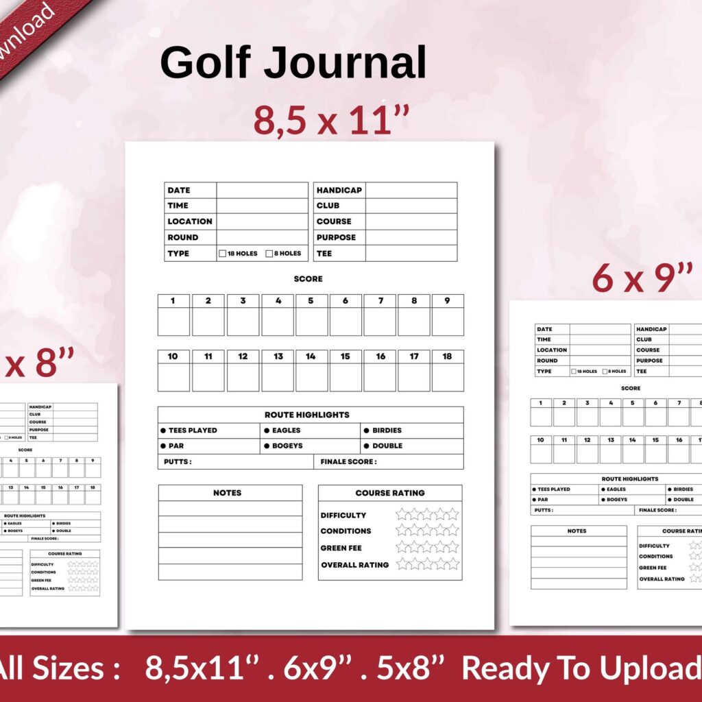 Golf Journal 120 pages Ready to Upload PDF used as Low Content Planner tracker or Log Book KDP, Size 6×9 8.5×11 5×8 Commercial Use