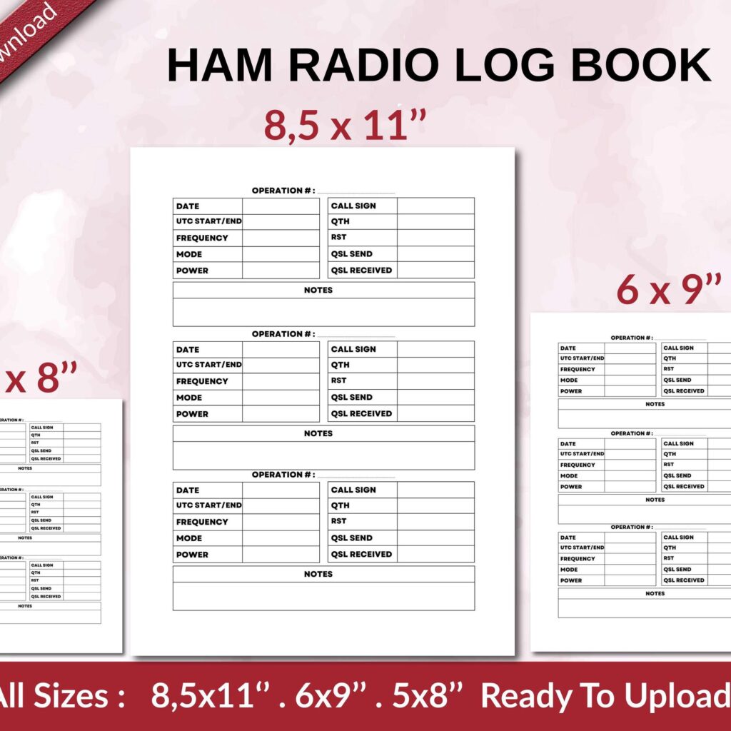 HAM RADIO LOG BOOK 120 pages Ready to Upload PDF used as Low Content Planner tracker or Log Book KDP, Size 6×9 8.5×11 5×8 Commercial Use