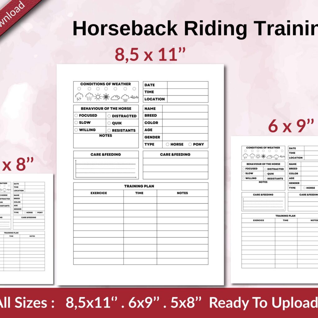 Horseback Riding Training 120 pages Ready to Upload PDF used as Low Content Planner tracker or Log Book KDP, Size 6×9 8.5×11 5×8 Commercial Use