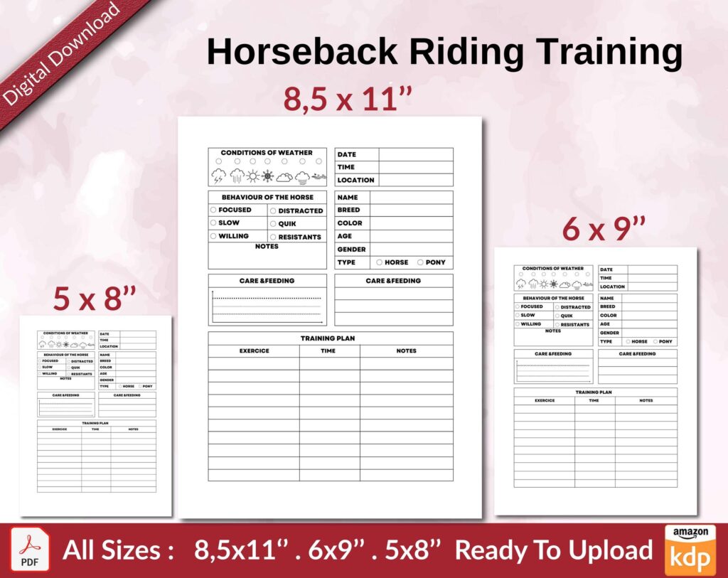 Horseback Riding Training 120 pages Ready to Upload PDF used as Low Content Planner tracker or Log Book KDP, Size 6×9 8.5×11 5×8 Commercial Use