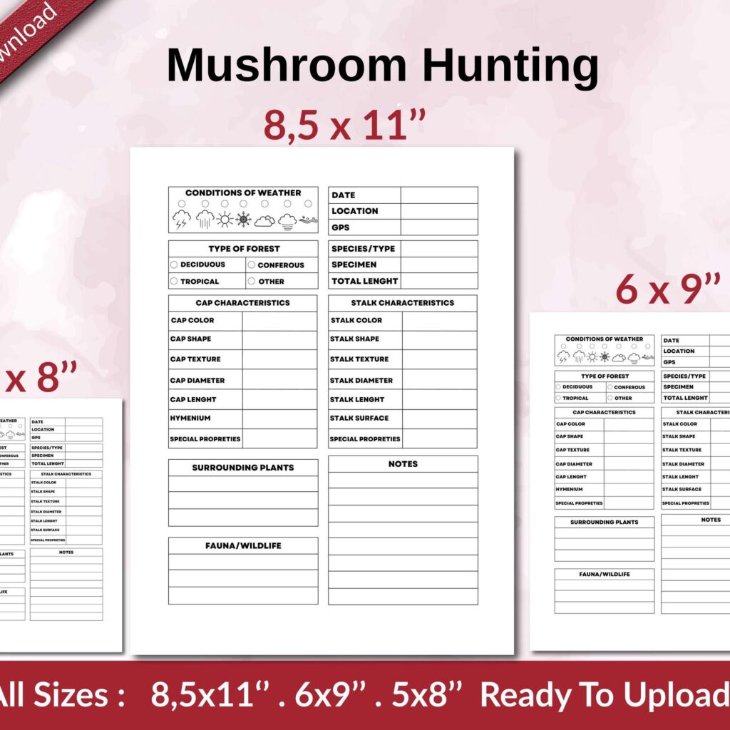 Mushroom Hunting 120 pages Ready to Upload PDF used as Low Content Planner tracker or Log Book KDP, Size 6×9 8.5×11 5×8 Commercial Use