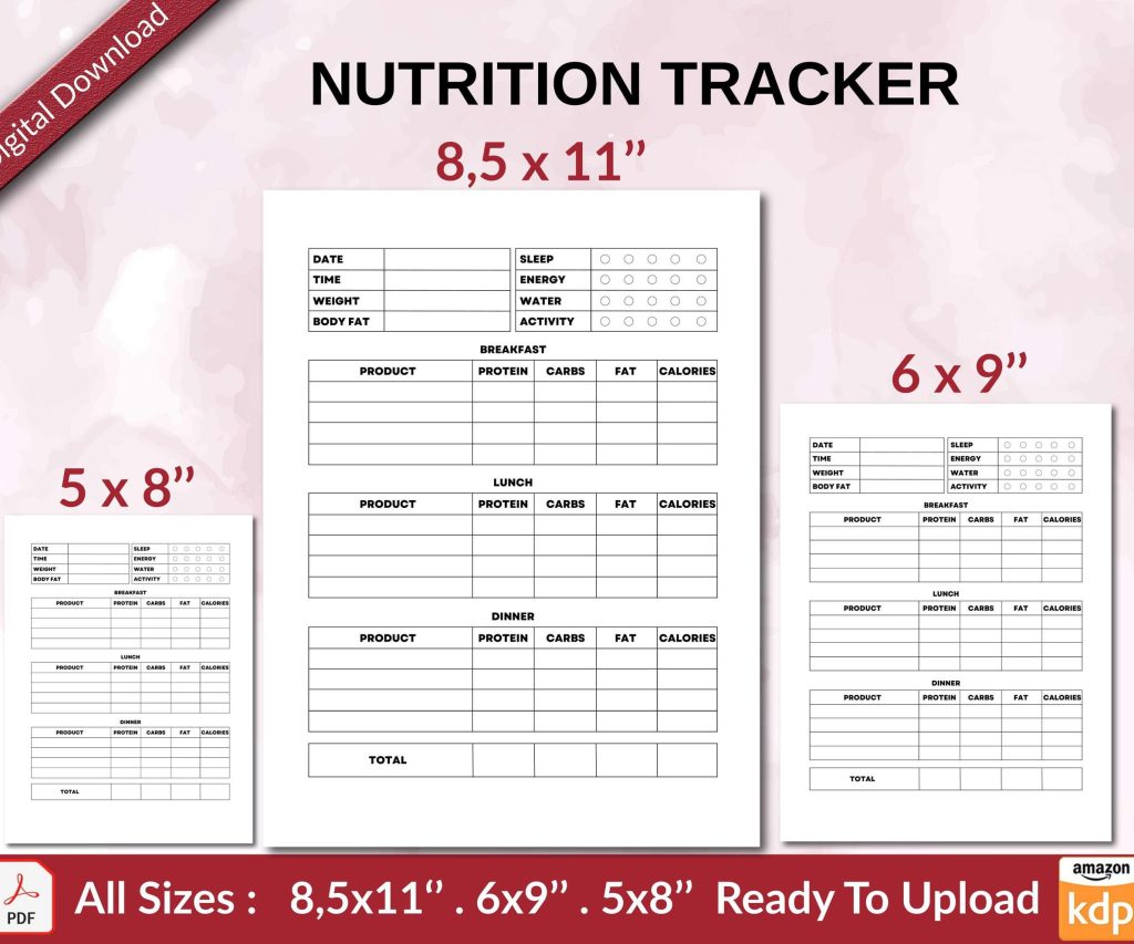 NUTRITION TRACKER 120 pages Ready to Upload PDF used as Low Content Planner tracker or Log Book KDP, Size 6×9 8.5×11 5×8 Commercial Use