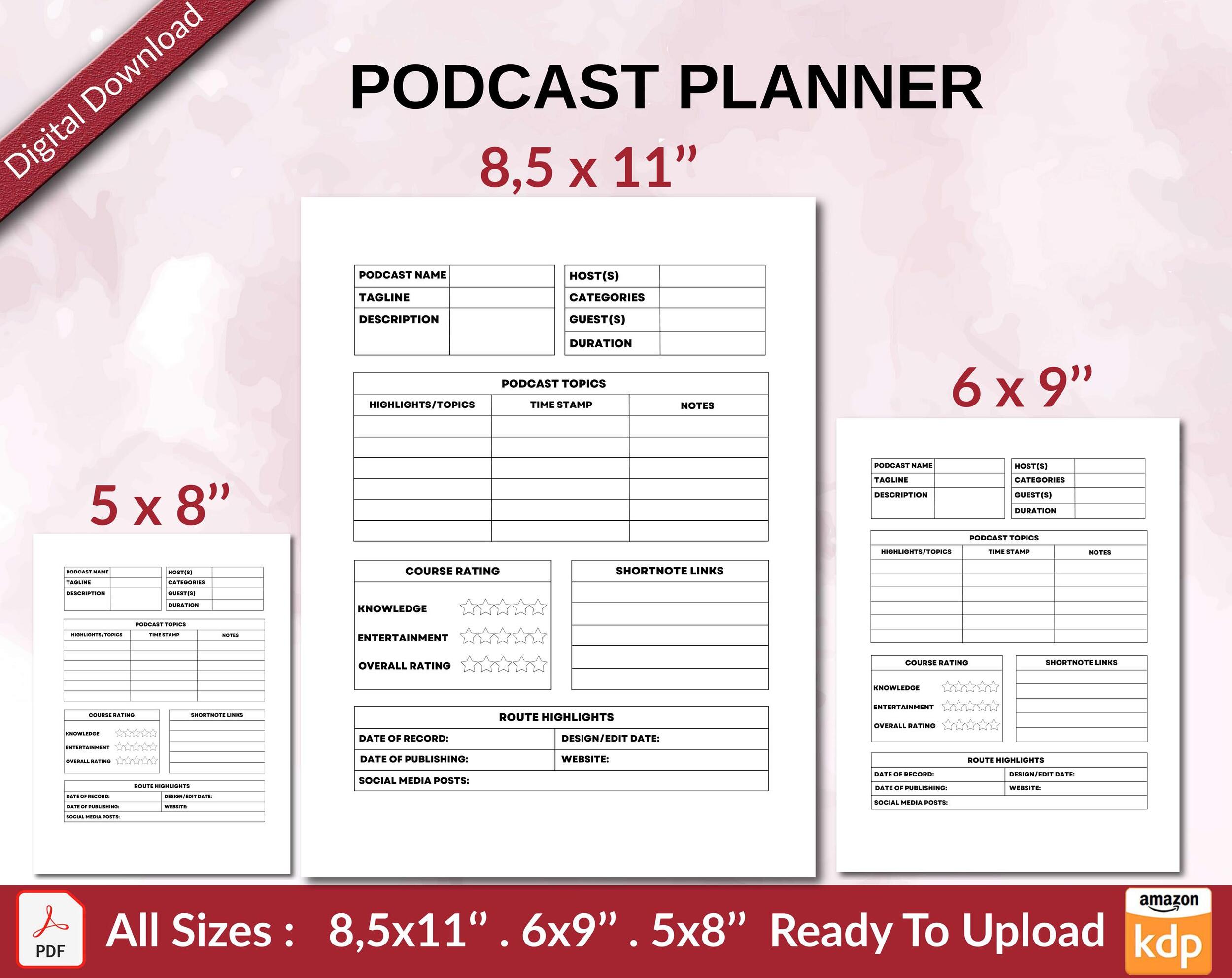 PODCAST PLANNER 120 pages Ready to Upload PDF used as Low Content Planner tracker or Log Book KDP, Size 6×9 8.5×11 5×8 Commercial Use PODCAST PLANNER 120 pages Ready to Upload PDF used as Low Content Planner tracker or Log Book KDP, Size 6×9 8.5×11 5×8 Commercial Use