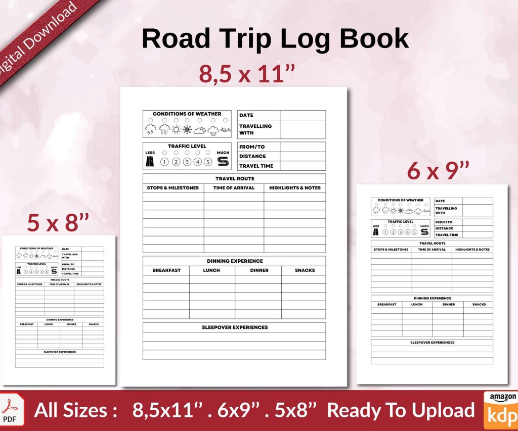 Road Trip Log Book 120 pages Ready to Upload PDF used as Low Content Planner tracker or Log Book KDP, Size 6×9 8.5×11 5×8 Commercial Use