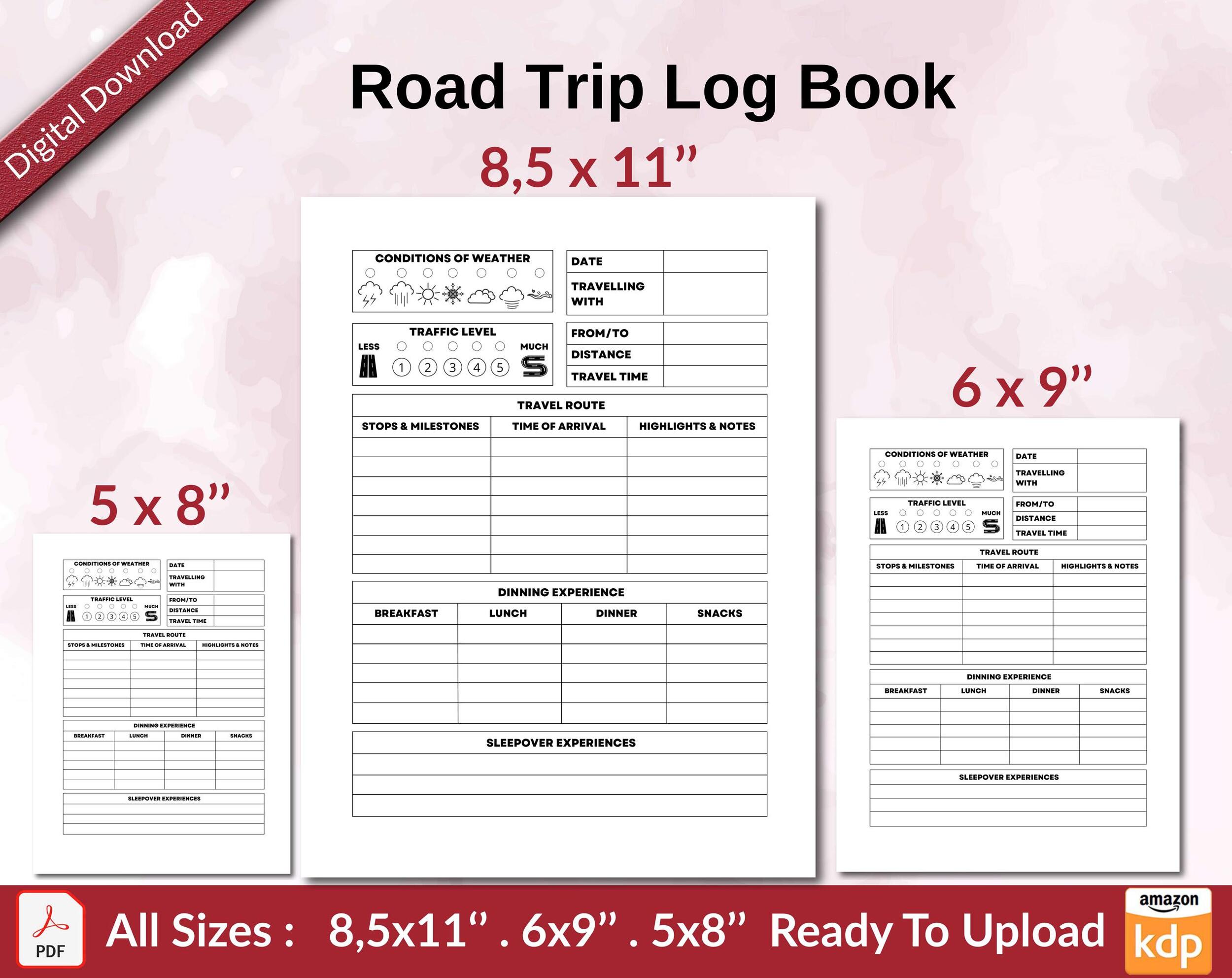 Road Trip Log Book 120 pages Ready to Upload PDF used as Low Content Planner tracker or Log Book KDP, Size 6×9 8.5×11 5×8 Commercial Use Road Trip Log Book 120 pages Ready to Upload PDF used as Low Content Planner tracker or Log Book KDP, Size 6×9 8.5×11 5×8 Commercial Use