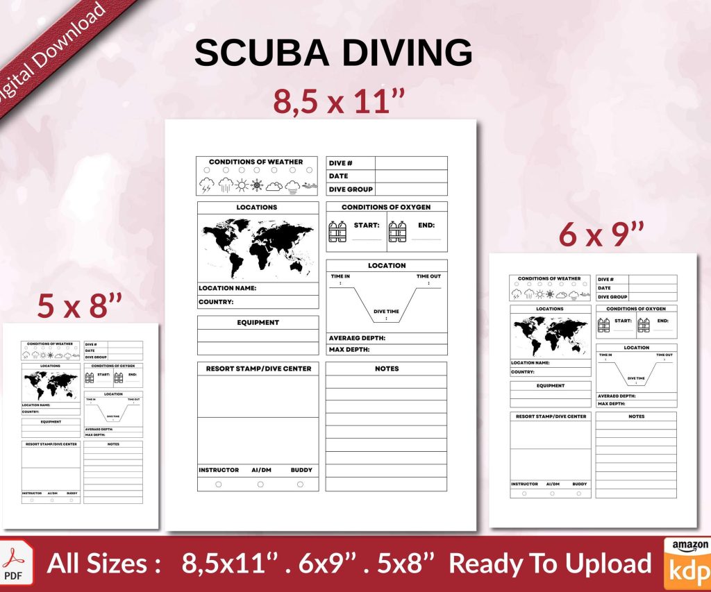 SCUBA DIVING 120 pages Ready to Upload PDF used as Low Content Planner tracker or Log Book KDP, Size 6×9 8.5×11 5×8 Commercial Use