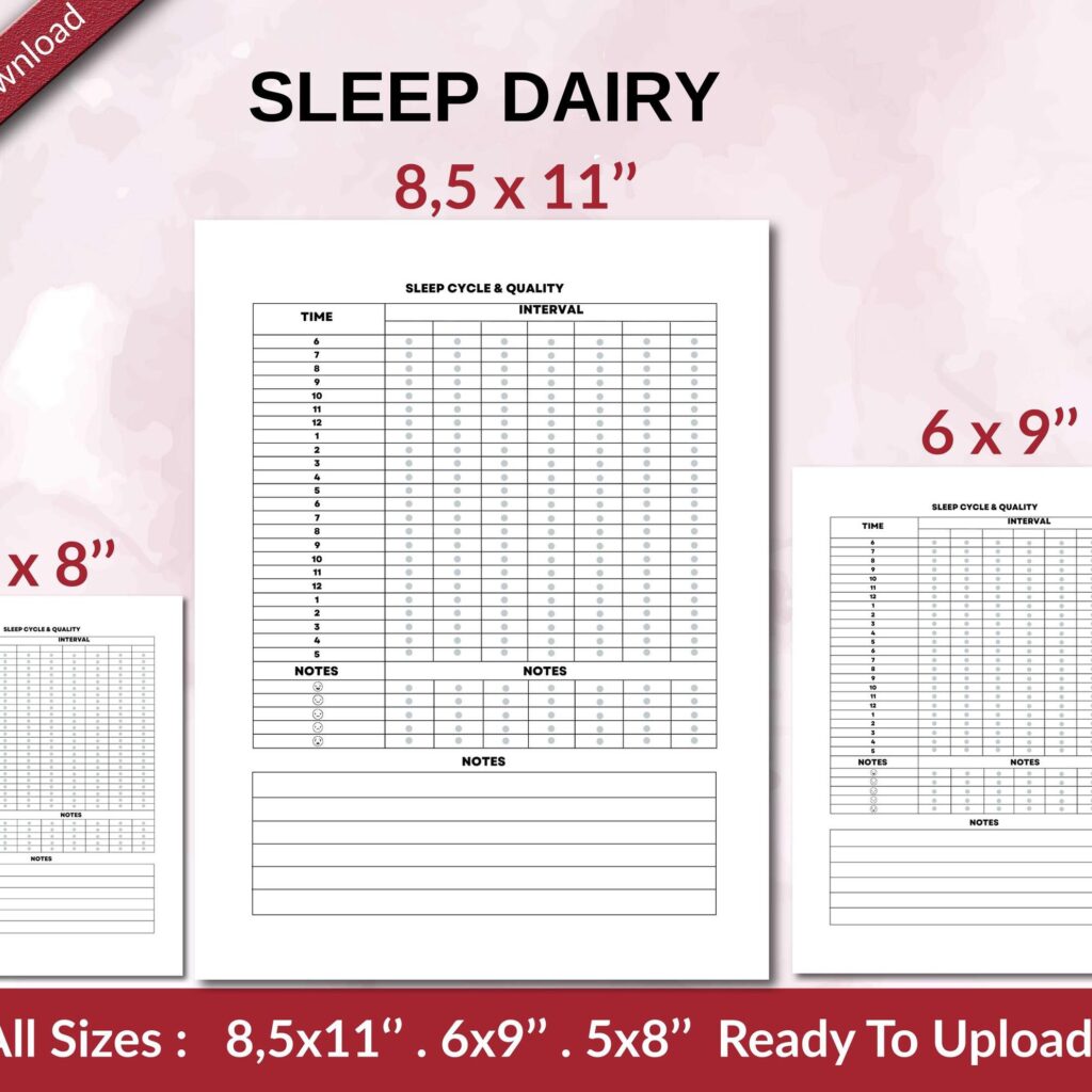 SLEEP DAIRY 120 pages Ready to Upload PDF used as Low Content Planner tracker or Log Book KDP, Size 6×9 8.5×11 5×8 Commercial Use