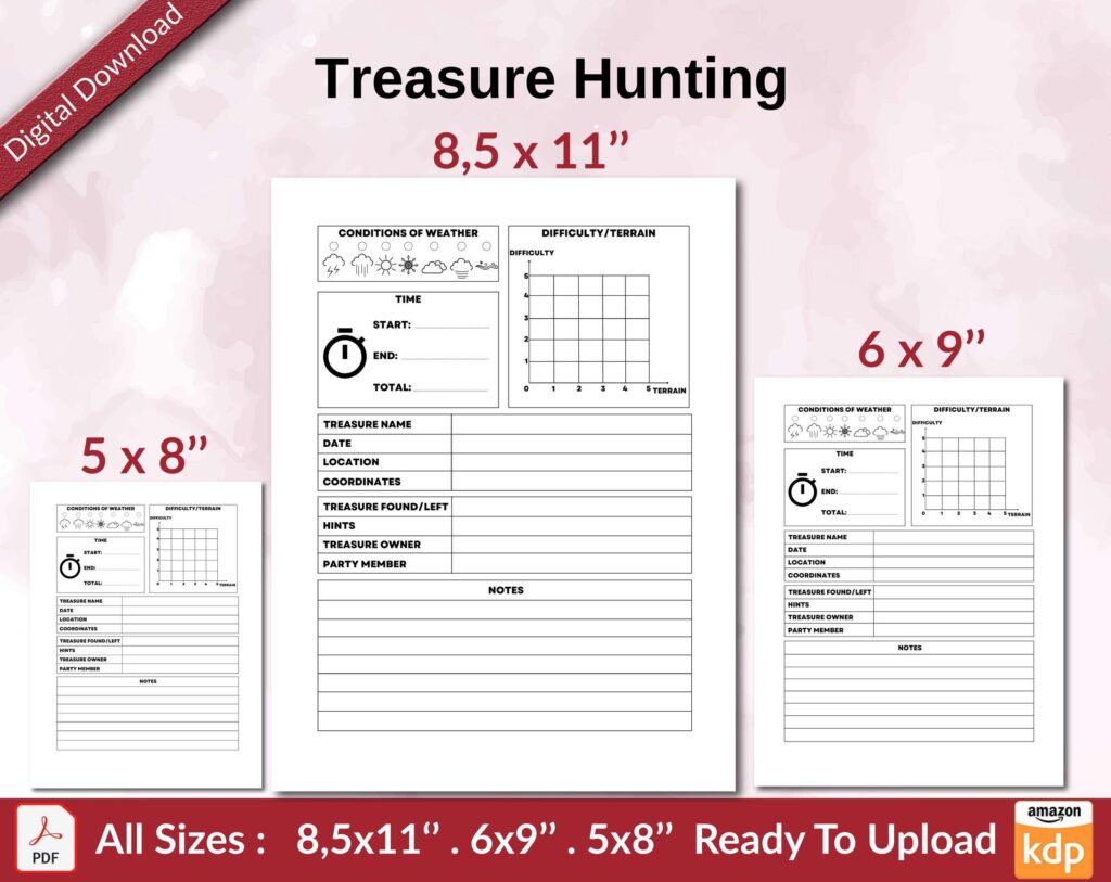 Treasure Hunting 120 pages Ready to Upload PDF used as Low Content Planner tracker or Log Book KDP, Size 6×9 8.5×11 5×8 Commercial Use