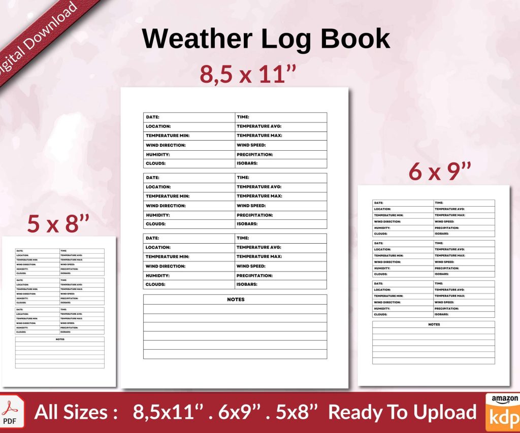 Weather Log Book 120 pages Ready to Upload PDF used as Low Content Planner tracker or Log Book KDP, Size 6×9 8.5×11 5×8 Commercial Use