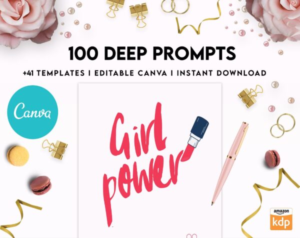 100 Journal Prompts, Deep thought Prompts, Prompts Mental Health Journal, Self Care Journal, Writing Prompts, Canva Editable Templates, Kdp interior