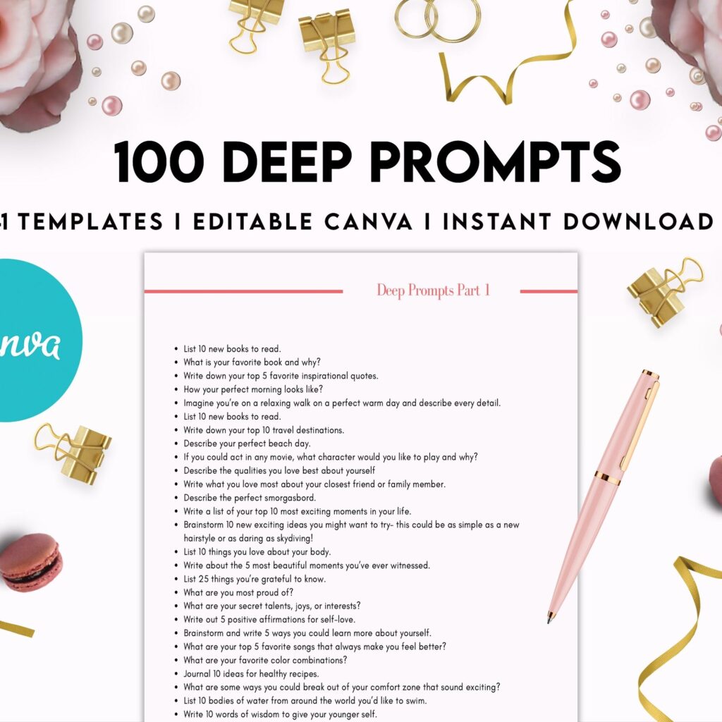100 Journal Prompts, Deep thought Prompts, Prompts Mental Health Journal, Self Care Journal, Writing Prompts, Canva Editable Templates, Kdp interior