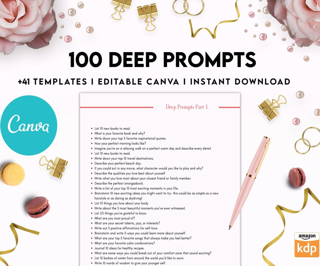 100 Journal Prompts, Deep thought Prompts, Prompts Mental Health Journal, Self Care Journal, Writing Prompts, Canva Editable Templates, Kdp interior