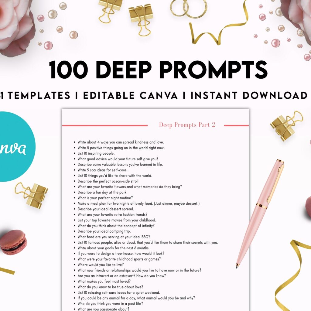 100 Journal Prompts, Deep thought Prompts, Prompts Mental Health Journal, Self Care Journal, Writing Prompts, Canva Editable Templates, Kdp interior