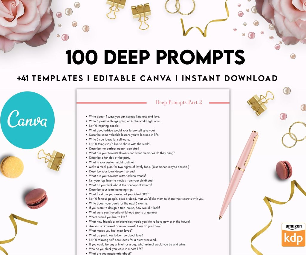 100 Journal Prompts, Deep thought Prompts, Prompts Mental Health Journal, Self Care Journal, Writing Prompts, Canva Editable Templates, Kdp interior