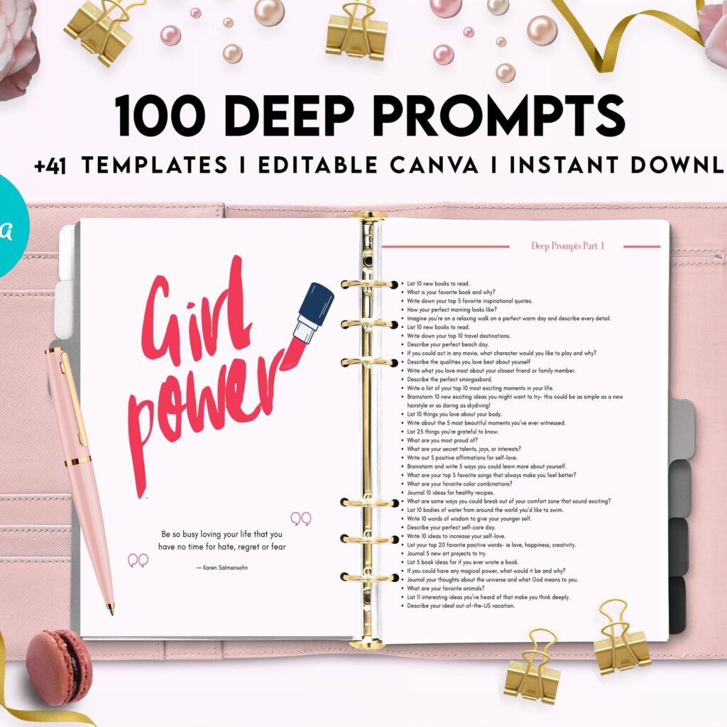 100 Journal Prompts, Deep thought Prompts, Prompts Mental Health Journal, Self Care Journal, Writing Prompts, Canva Editable Templates, Kdp interior