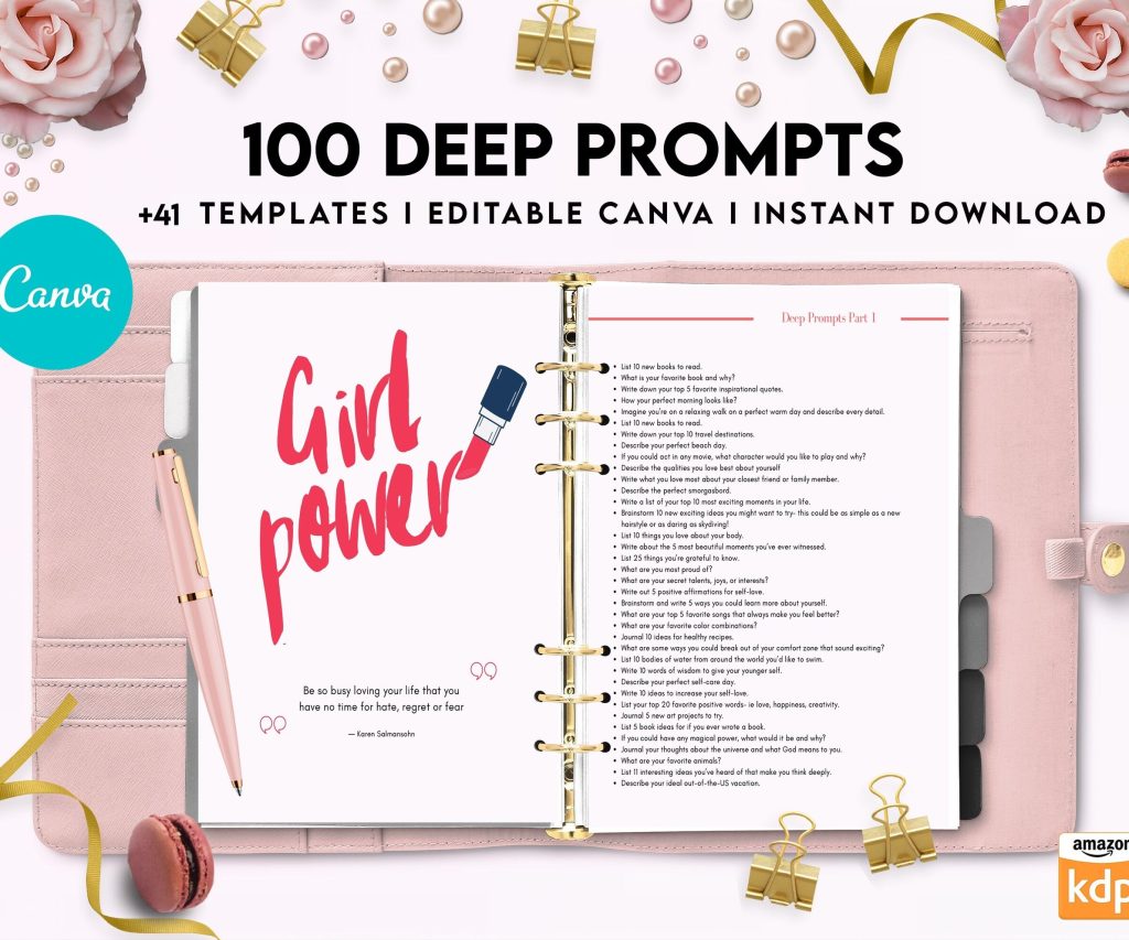 100 Journal Prompts, Deep thought Prompts, Prompts Mental Health Journal, Self Care Journal, Writing Prompts, Canva Editable Templates, Kdp interior