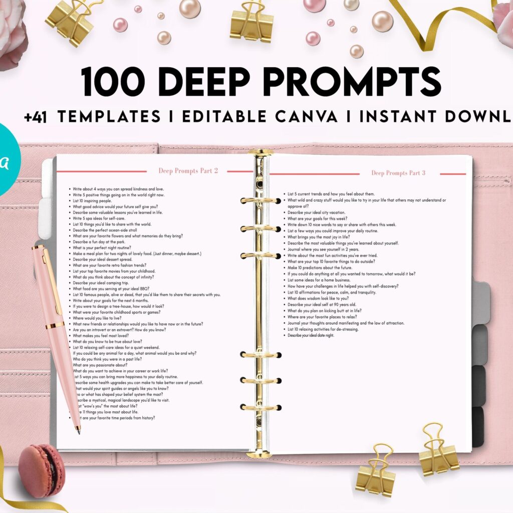 100 Journal Prompts, Deep thought Prompts, Prompts Mental Health Journal, Self Care Journal, Writing Prompts, Canva Editable Templates, Kdp interior