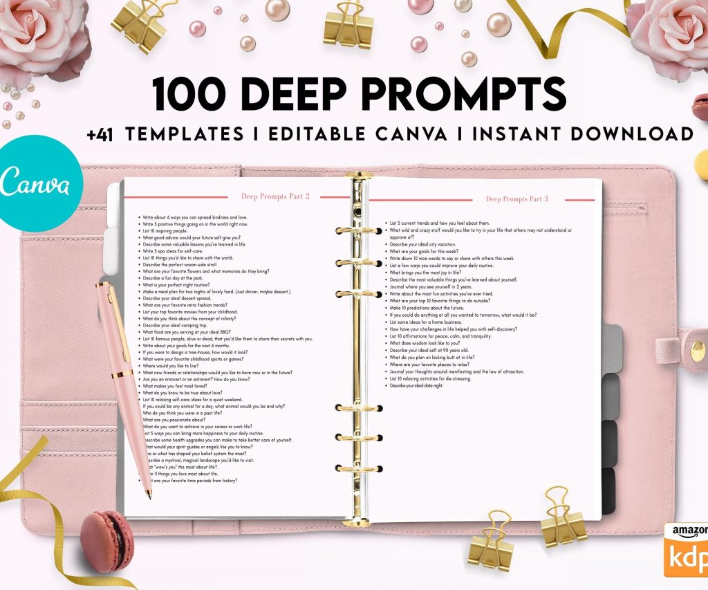 100 Journal Prompts, Deep thought Prompts, Prompts Mental Health Journal, Self Care Journal, Writing Prompts, Canva Editable Templates, Kdp interior