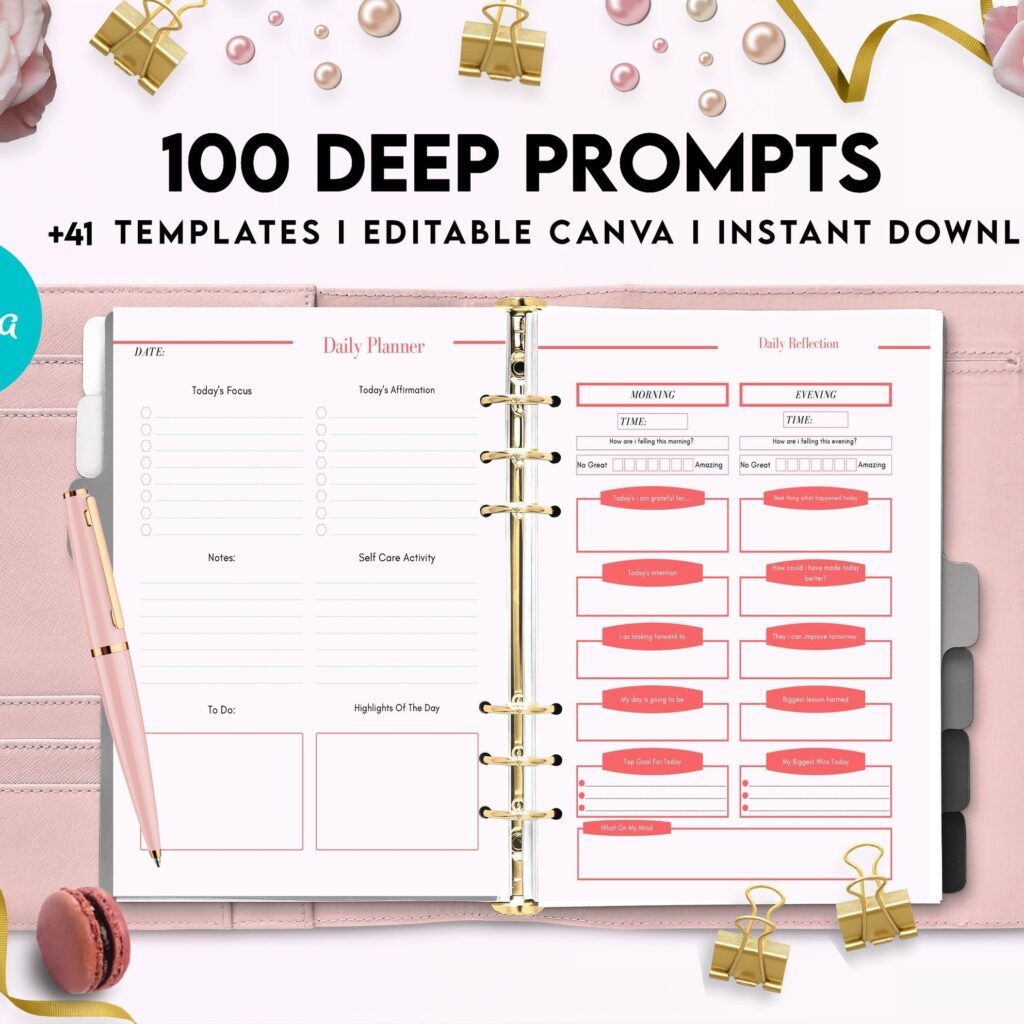 100 Journal Prompts, Deep thought Prompts, Prompts Mental Health Journal, Self Care Journal, Writing Prompts, Canva Editable Templates, Kdp interior