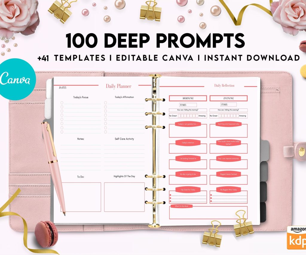 100 Journal Prompts, Deep thought Prompts, Prompts Mental Health Journal, Self Care Journal, Writing Prompts, Canva Editable Templates, Kdp interior