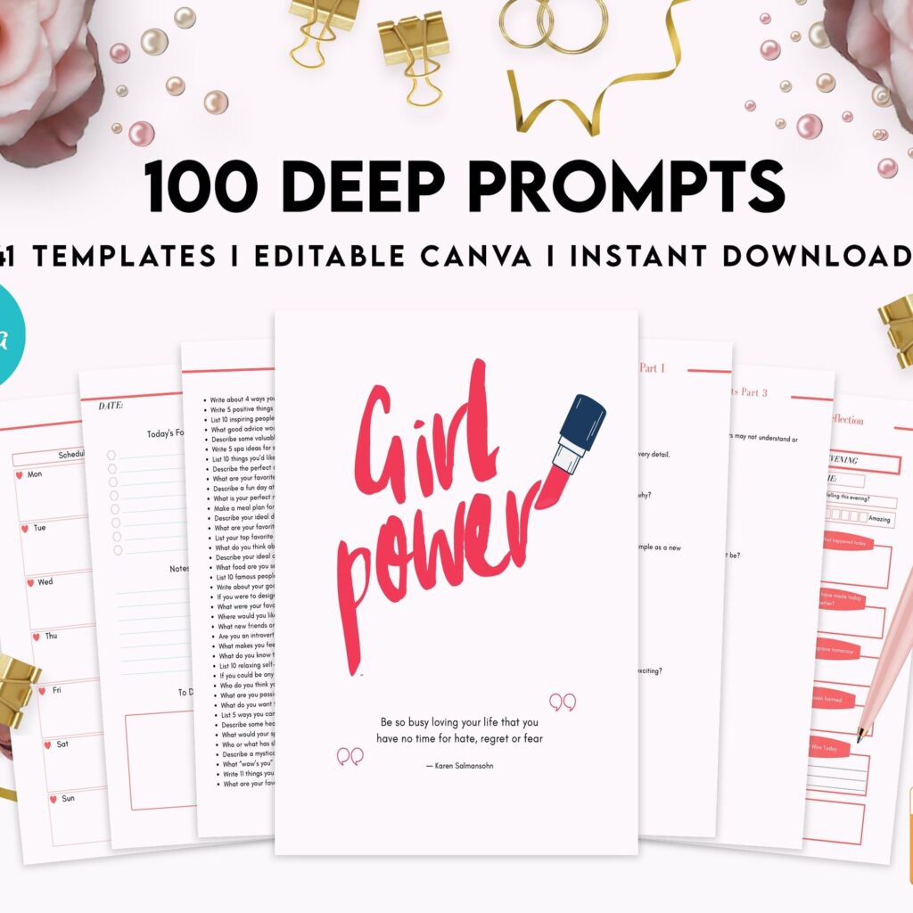 100 Journal Prompts, Deep thought Prompts, Prompts Mental Health Journal, Self Care Journal, Writing Prompts, Canva Editable Templates, Kdp interior