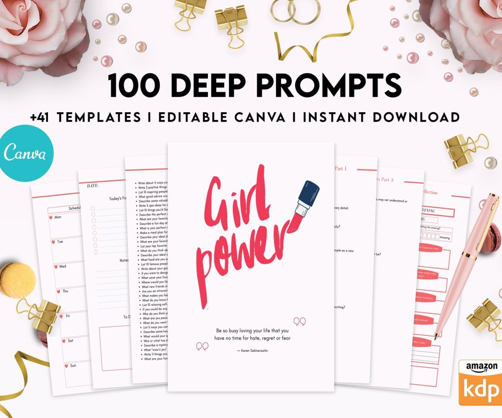 100 Journal Prompts, Deep thought Prompts, Prompts Mental Health Journal, Self Care Journal, Writing Prompts, Canva Editable Templates, Kdp interior