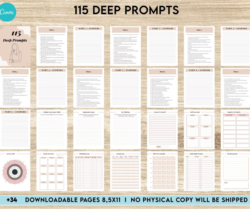 115 Deep Journal Prompts, Mental Health, Editable Templates Journal Pages, Canva Editable Templates, Kdp interior, binder journal