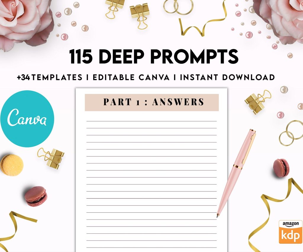115 Deep Journal Prompts, Mental Health, Editable Templates Journal Pages, Canva Editable Templates, Kdp interior, binder journal
