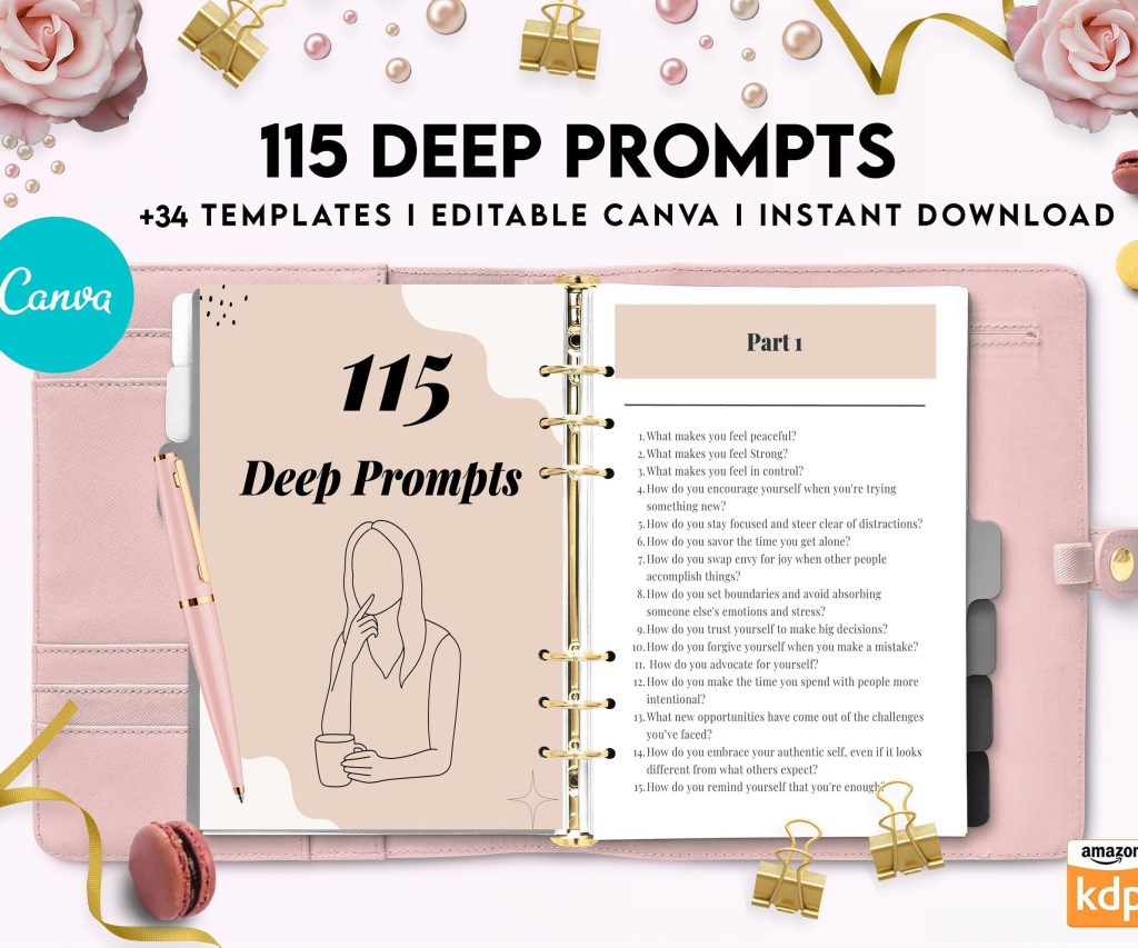 115 Deep Journal Prompts, Mental Health, Editable Templates Journal Pages, Canva Editable Templates, Kdp interior, binder journal
