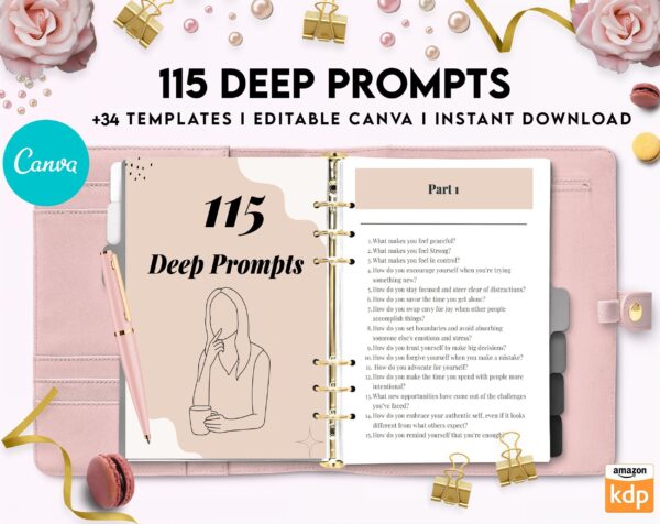115 Deep Journal Prompts, Mental Health, Editable Templates Journal Pages, Canva Editable Templates, Kdp interior, binder journal