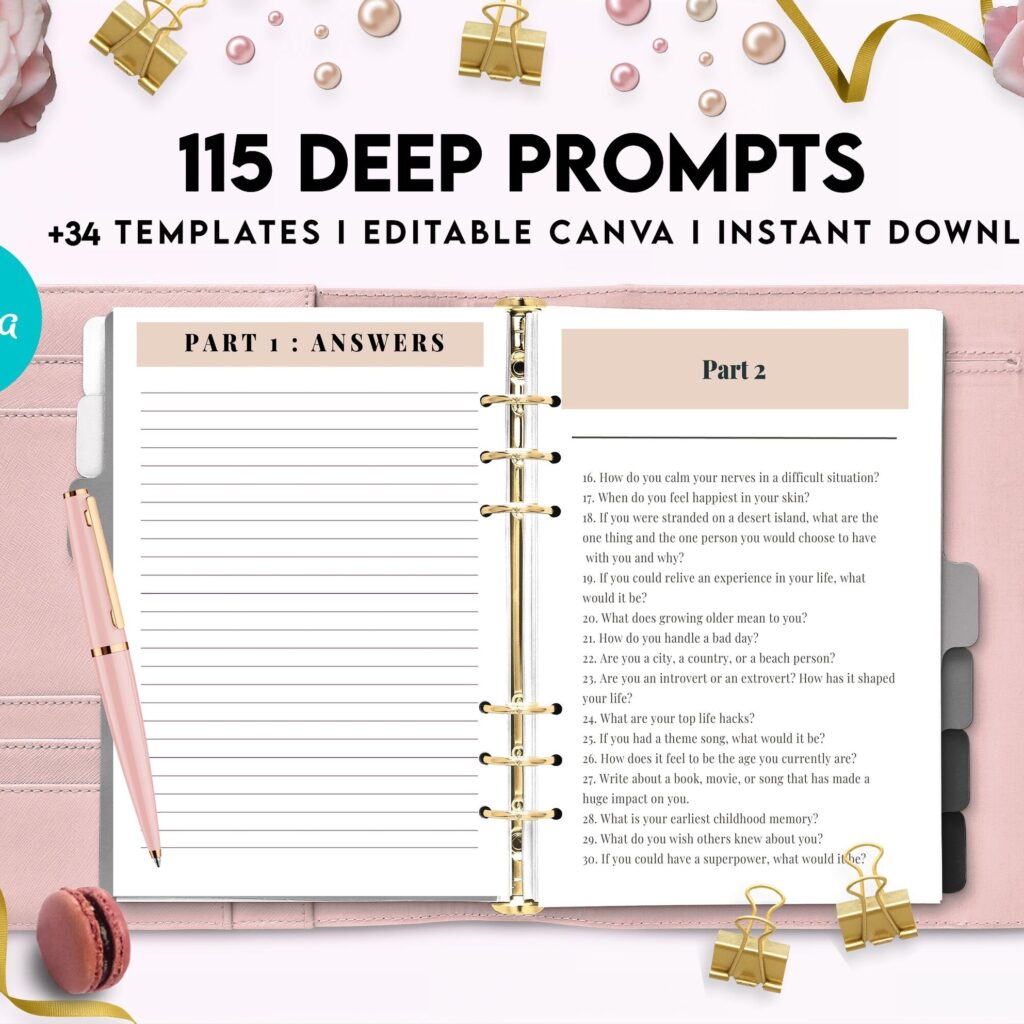115 Deep Journal Prompts, Mental Health, Editable Templates Journal Pages, Canva Editable Templates, Kdp interior, binder journal