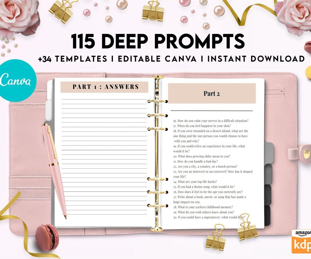 115 Deep Journal Prompts, Mental Health, Editable Templates Journal Pages, Canva Editable Templates, Kdp interior, binder journal