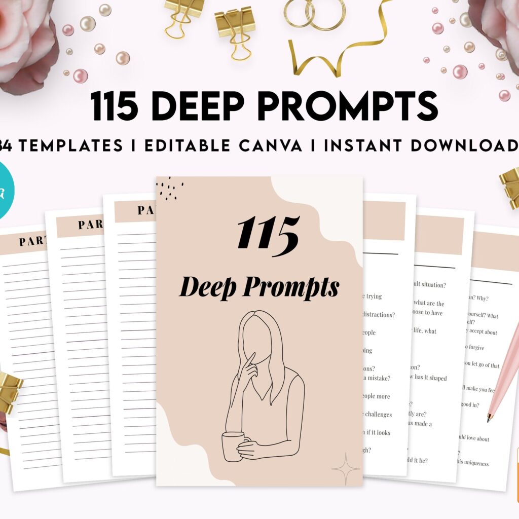 115 Deep Journal Prompts, Mental Health, Editable Templates Journal Pages, Canva Editable Templates, Kdp interior, binder journal