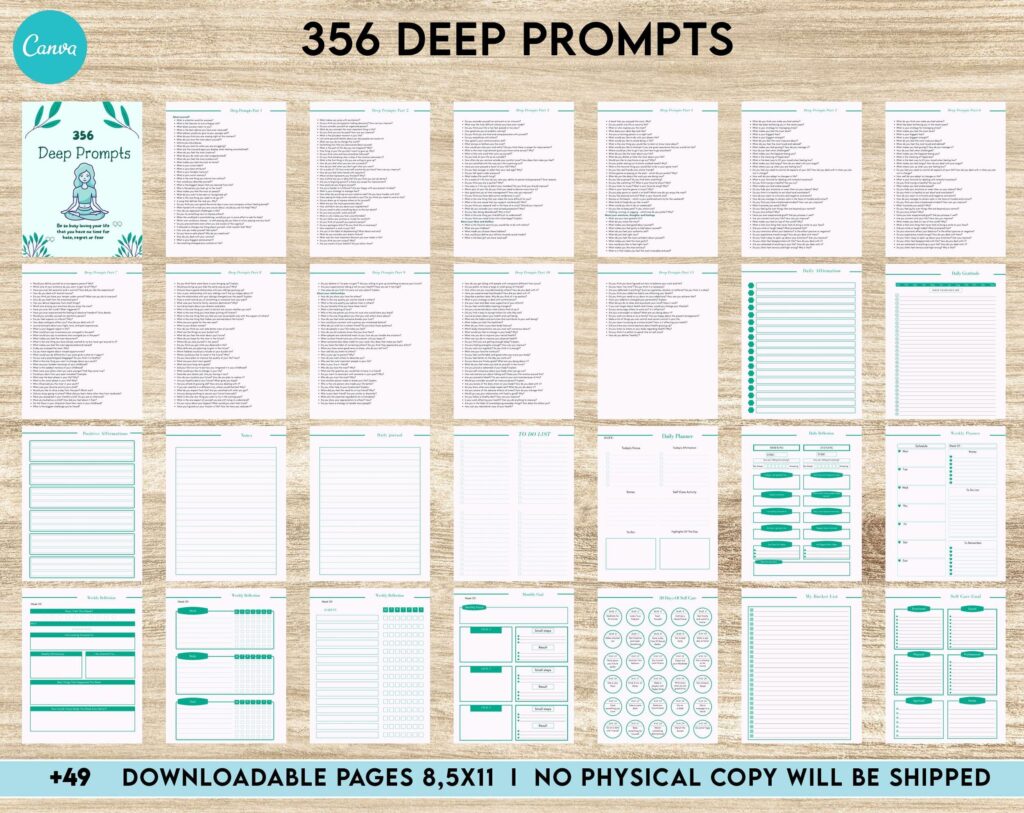 365 Prompts Journal, Mental Health Journal, Self Care Journal, Writing Prompts, Canva Editable Templates, Kdp interior, binder journal