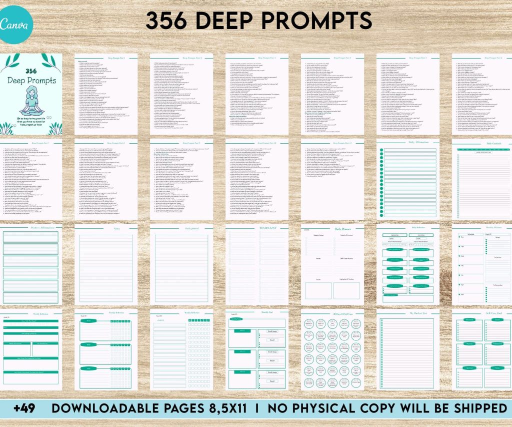 365 Prompts Journal, Mental Health Journal, Self Care Journal, Writing Prompts, Canva Editable Templates, Kdp interior, binder journal