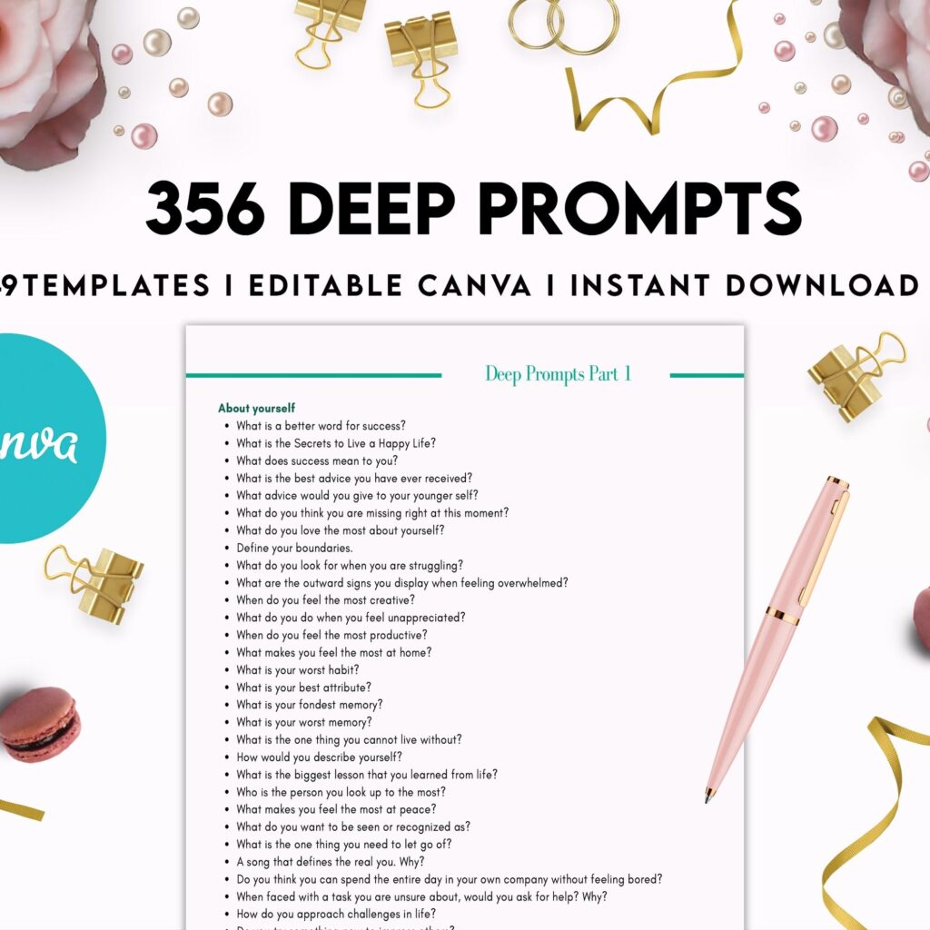 365 Prompts Journal, Mental Health Journal, Self Care Journal, Writing Prompts, Canva Editable Templates, Kdp interior, binder journal
