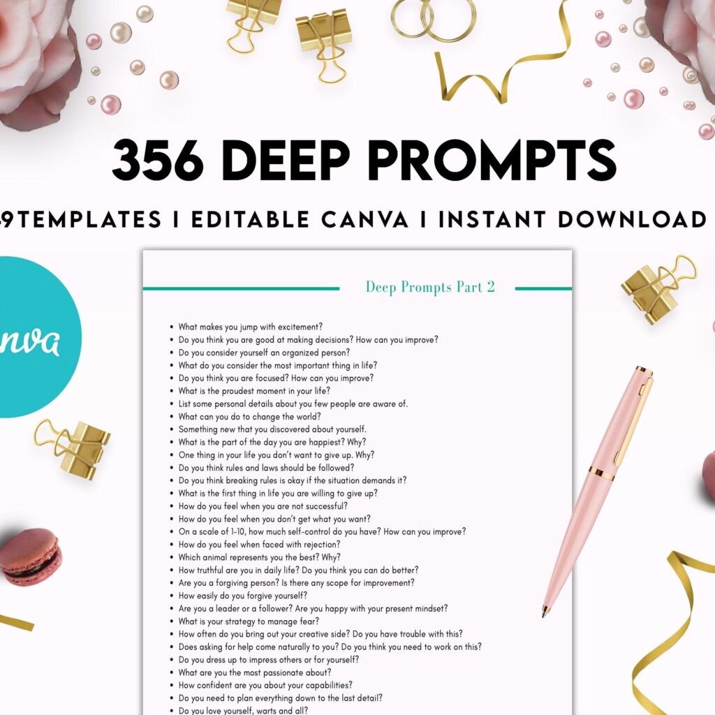 365 Prompts Journal, Mental Health Journal, Self Care Journal, Writing Prompts, Canva Editable Templates, Kdp interior, binder journal