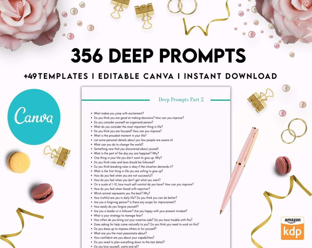365 Prompts Journal, Mental Health Journal, Self Care Journal, Writing Prompts, Canva Editable Templates, Kdp interior, binder journal